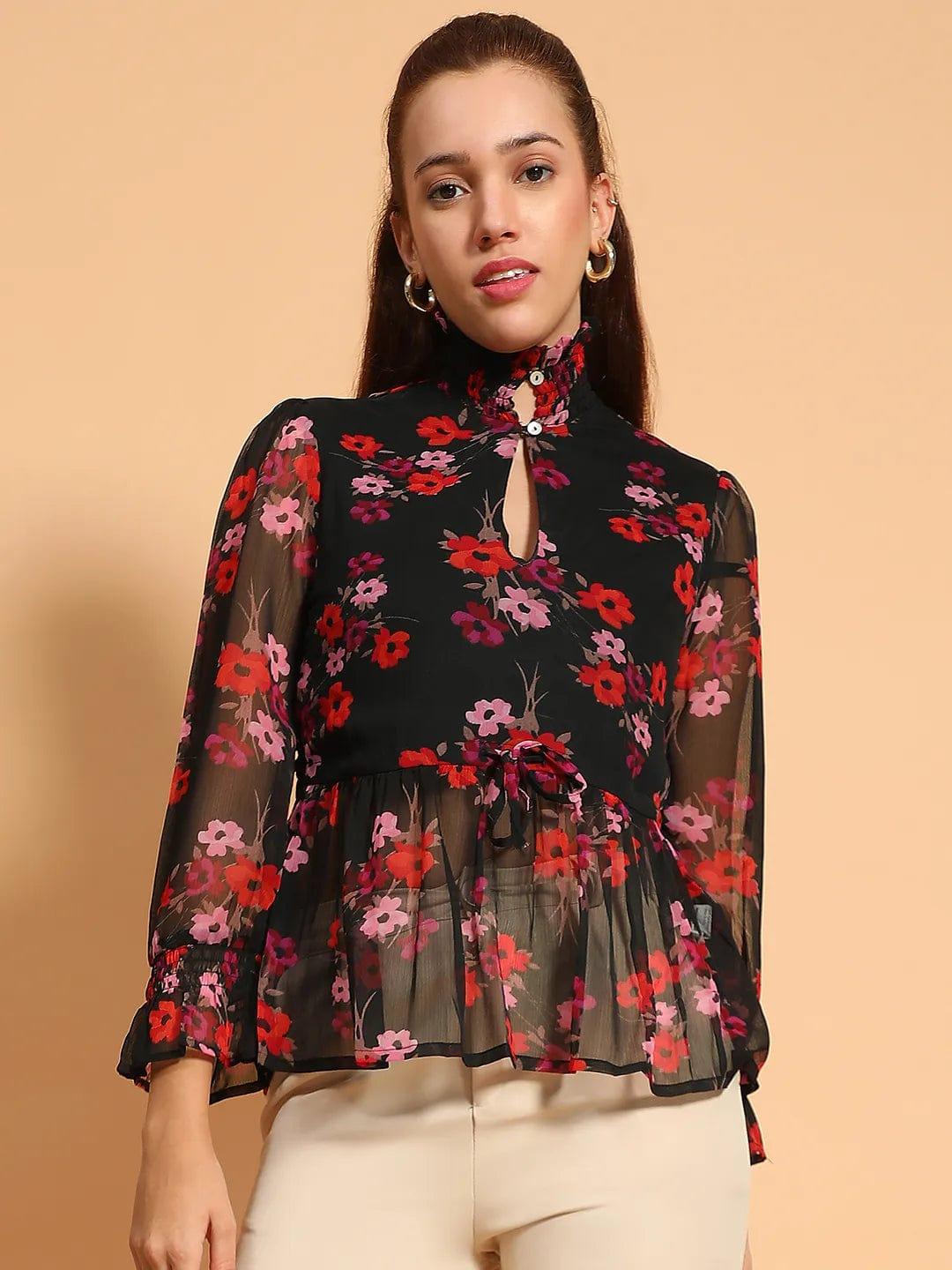 Pristine Black Floral Print Key Hole Neck Top