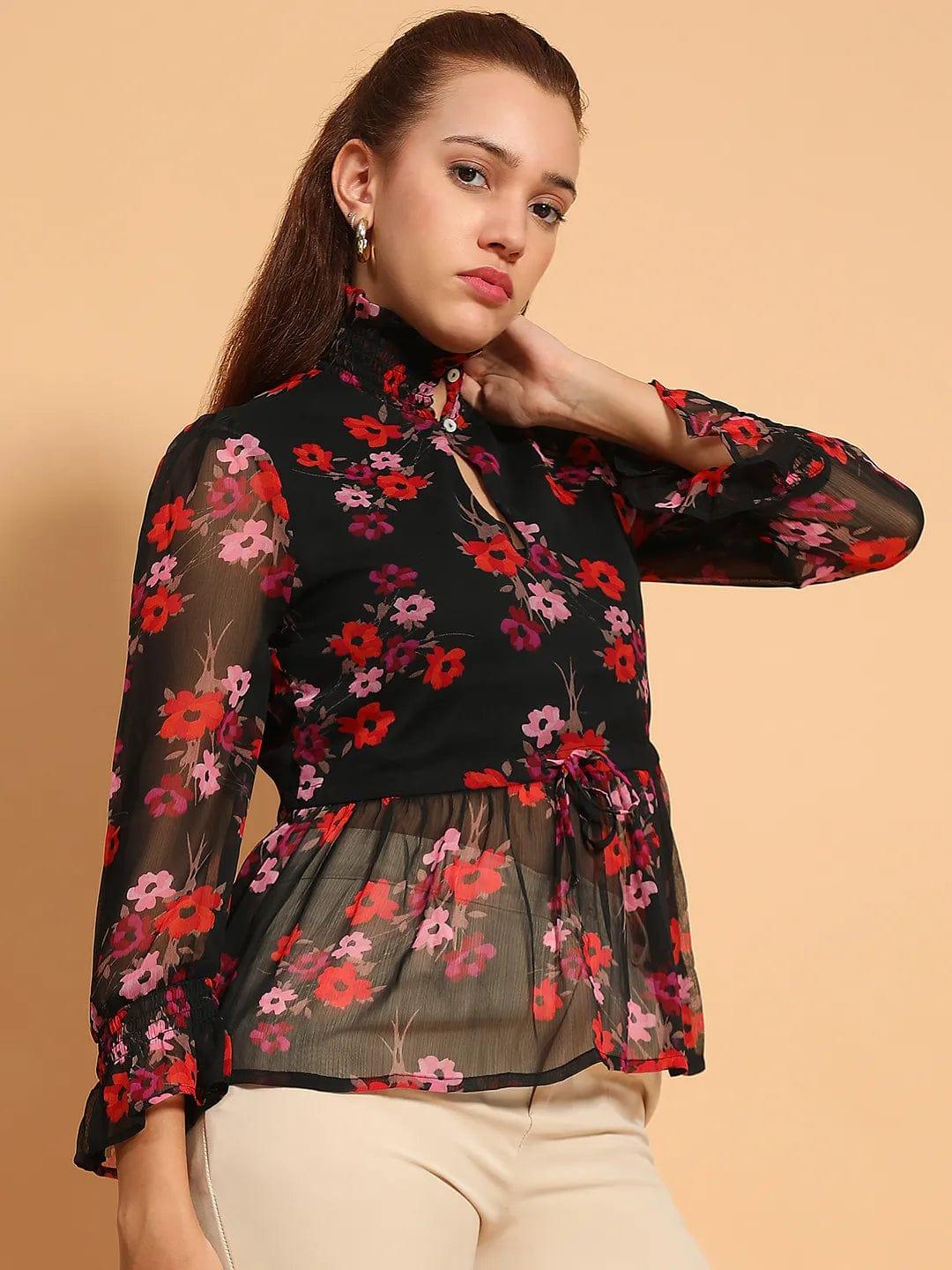 Pristine Black Floral Print Key Hole Neck Top