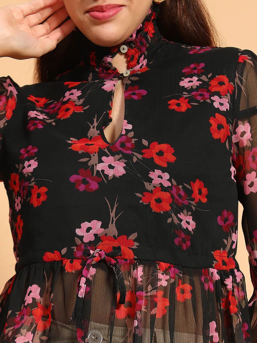 Pristine Black Floral Print Key Hole Neck Top