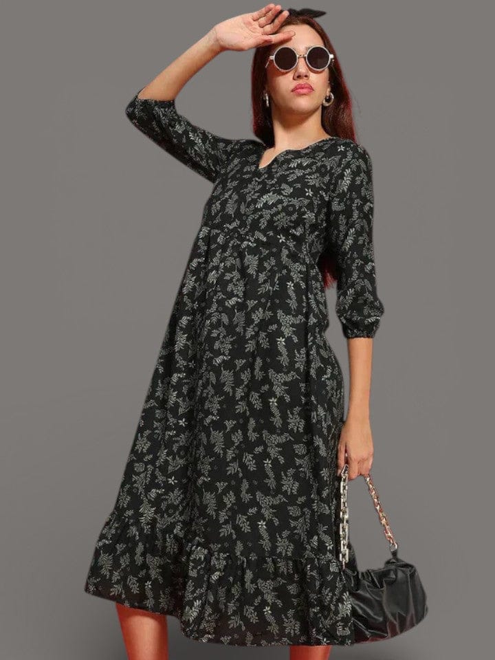 Green Floral Dress - Women's Flare V Neckline Casual Summer Dress in Breathable Viscose