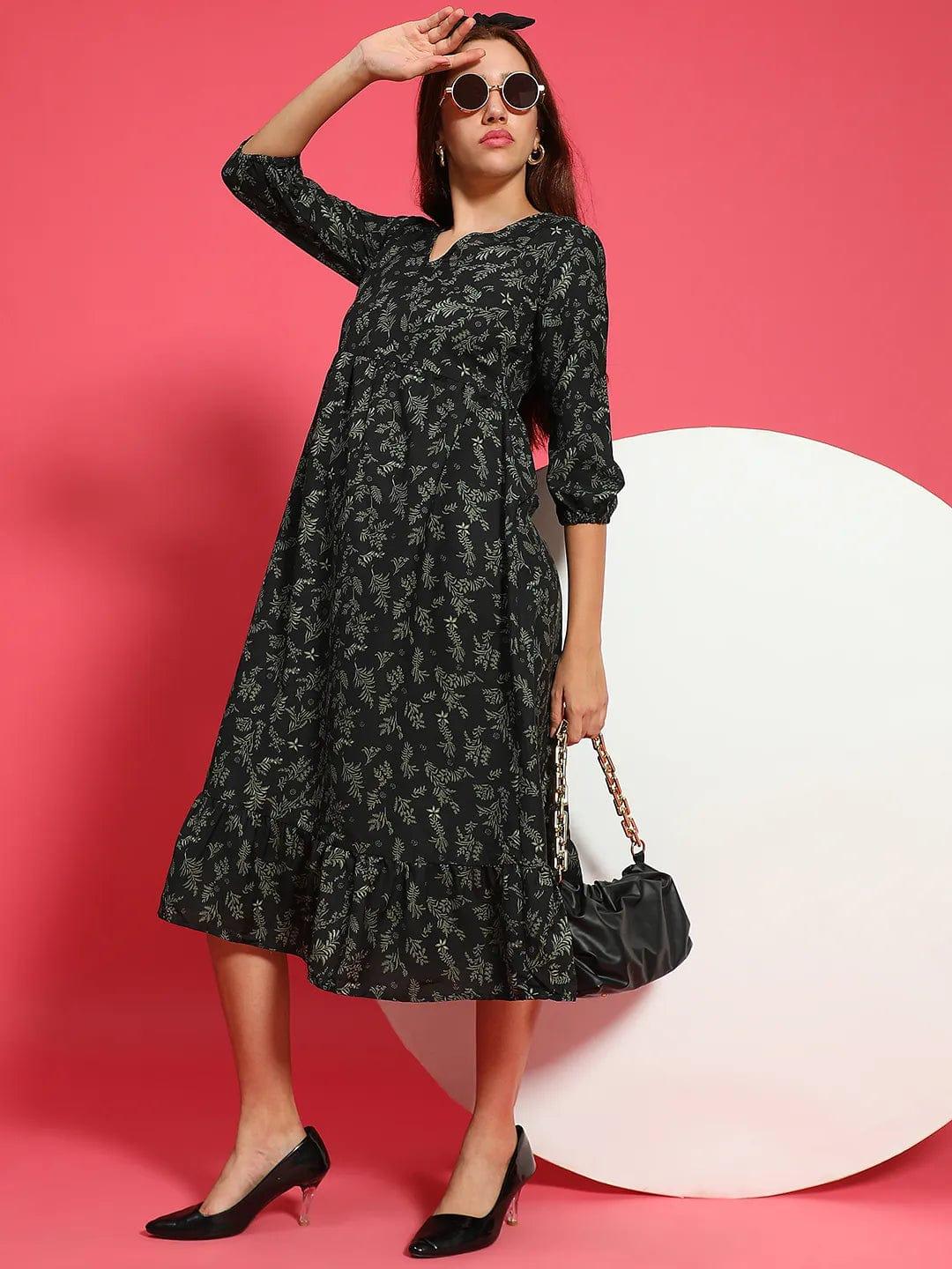 Glided Green Floral Print Long Flare Women Dress