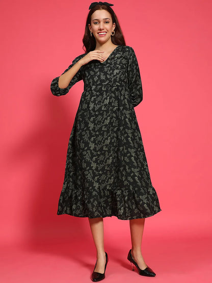 Glided Green Floral Print Long Flare Women Dress