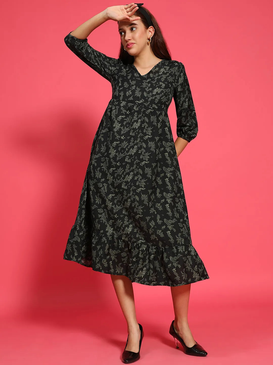 Glided Green Floral Print Long Flare Women Dress