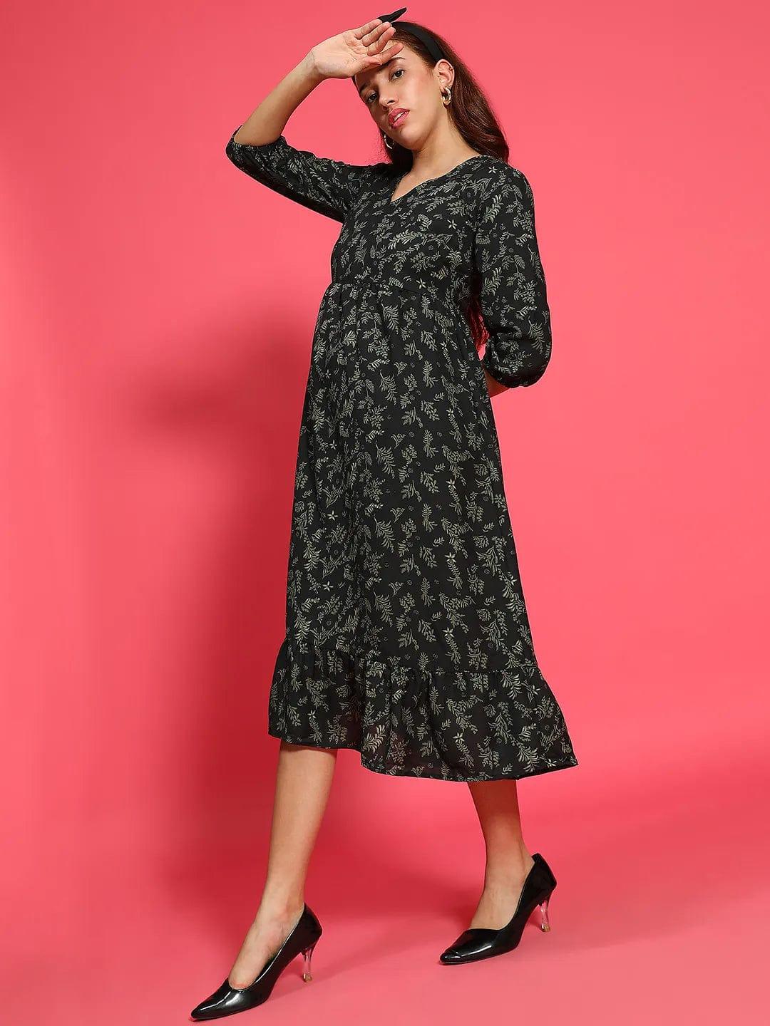 Glided Green Floral Print Long Flare Women Dress