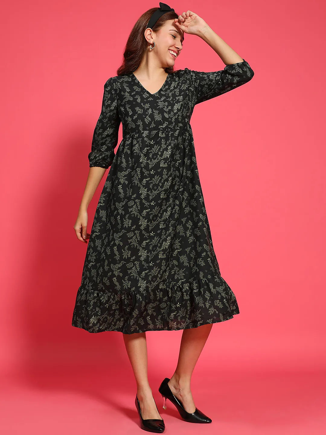 Glided Green Floral Print Long Flare Women Dress