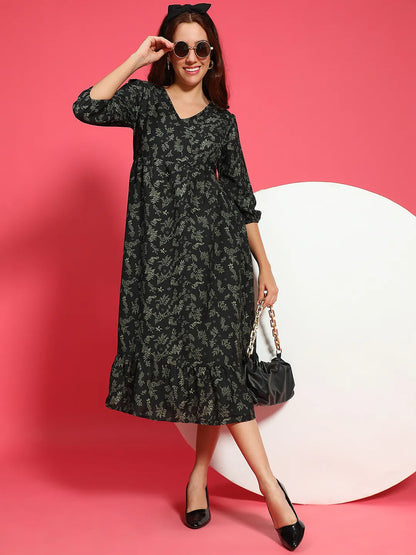 Glided Green Floral Print Long Flare Women Dress