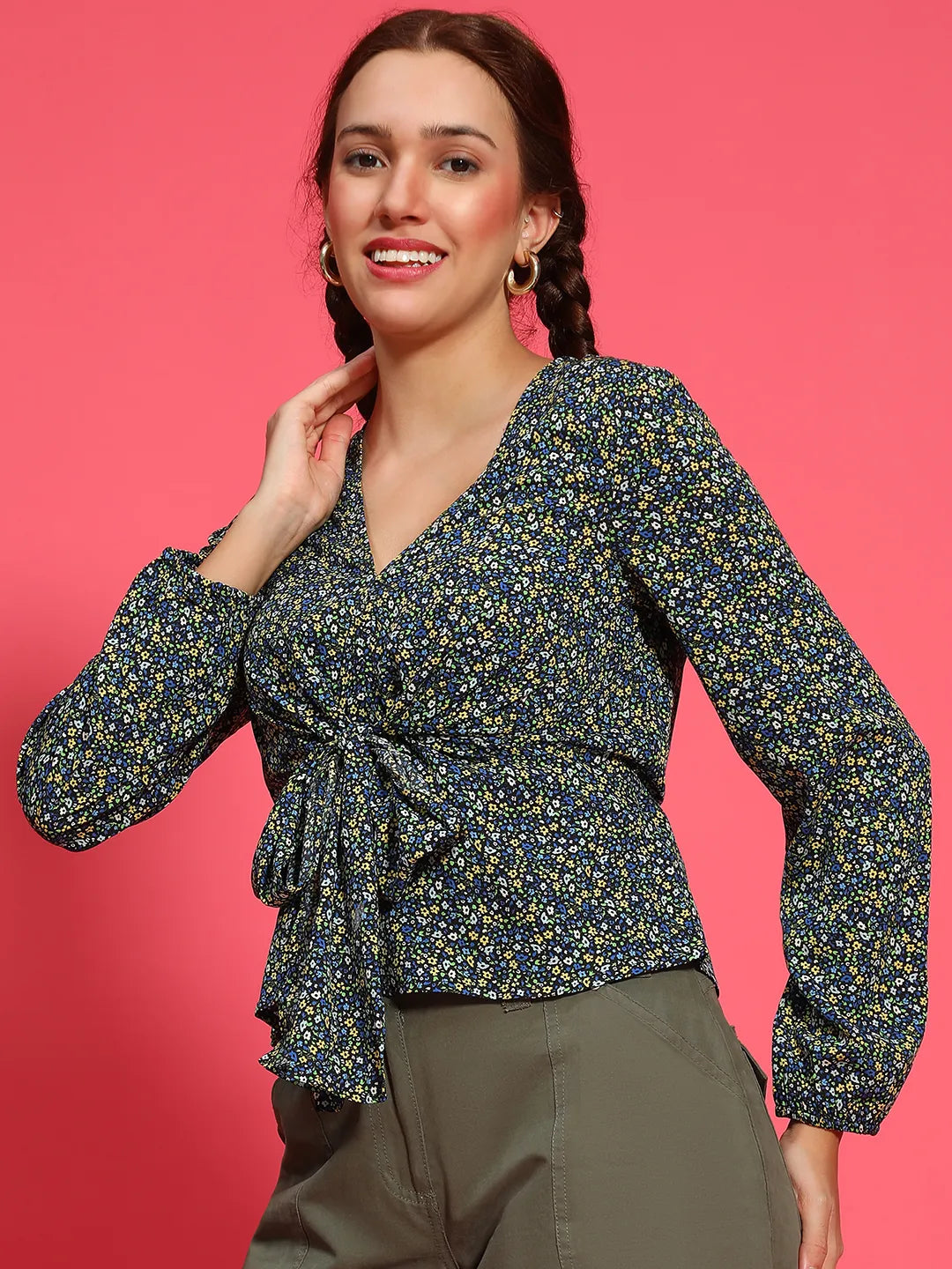 Luxe Green Floral Print Long Sleeve Tie-Knot Detail Women Top