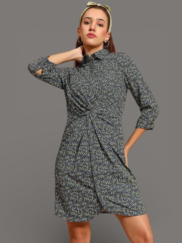 Green Floral Shirt Dress - Pleated Button Down Casual Women's Dress With Collar