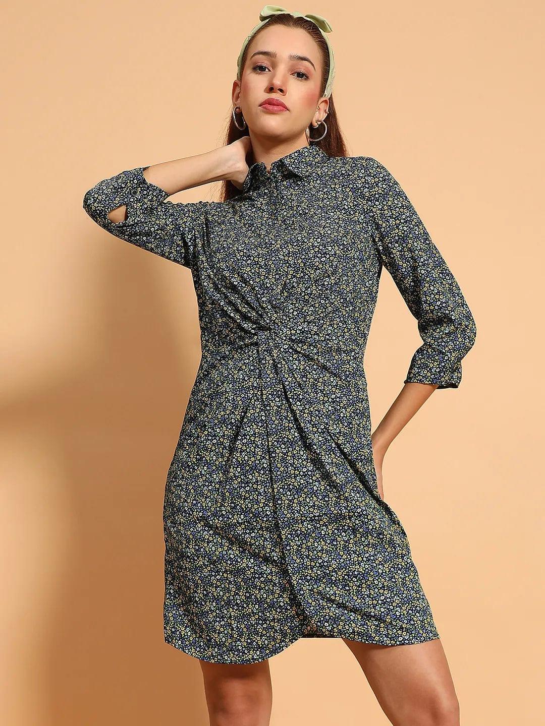 Designer Green Floral Print  Gather Pleated Style Button Down Shirt Women Dress