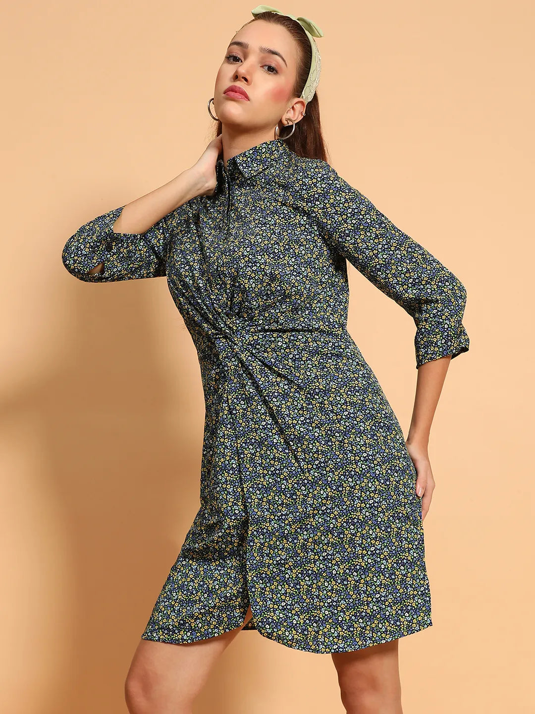 Designer Green Floral Print  Gather Pleated Style Button Down Women Shirt Dress