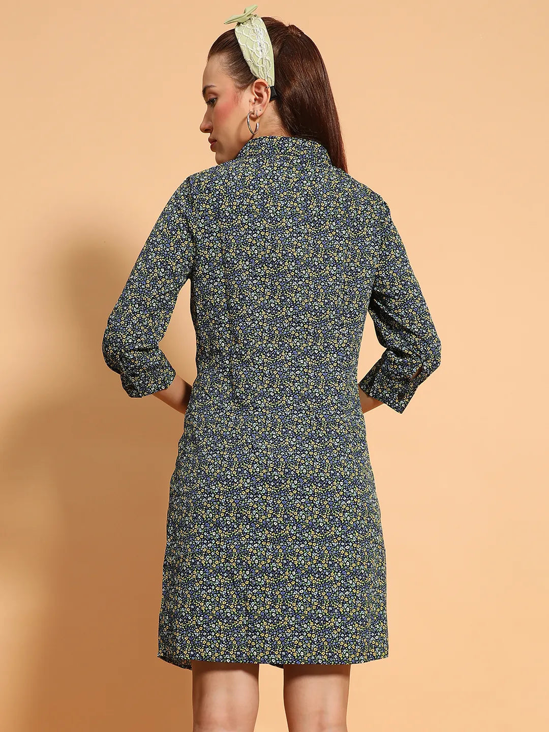 Designer Green Floral Print  Gather Pleated Style Button Down Women Shirt Dress