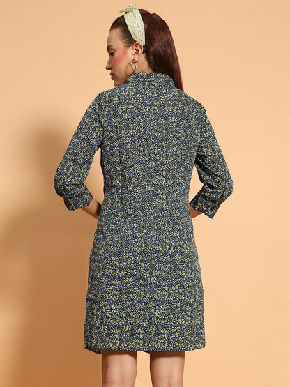 Designer Green Floral Print  Gather Pleated Style Button Down Women Shirt Dress