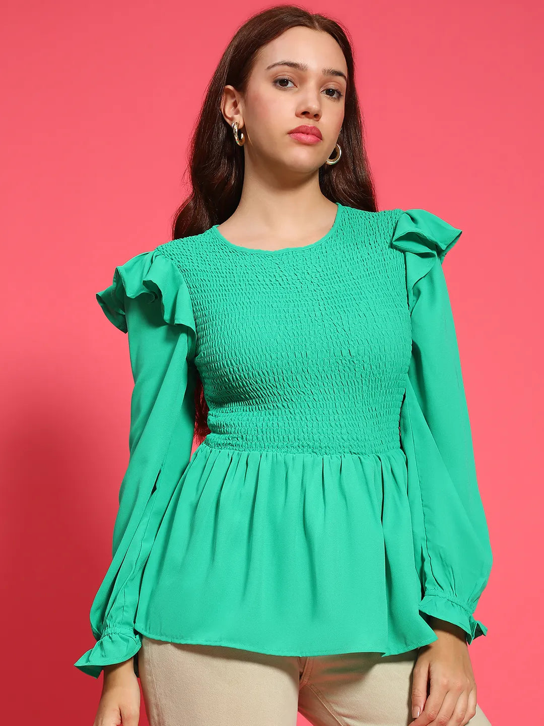 Vista Green Ruffle Detailed Smocked Women Peplum Top