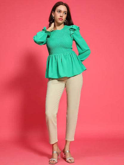 Vista Green Ruffle Detailed Smocked Women Peplum Top