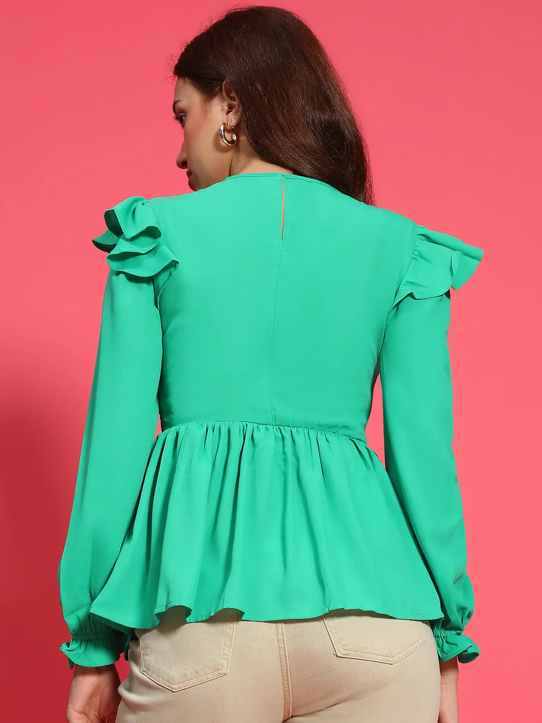 Vista Green Ruffle Detailed Smocked Women Peplum Top