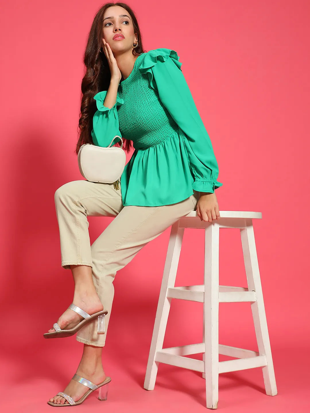 Vista Green Ruffle Detailed Smocked Women Peplum Top