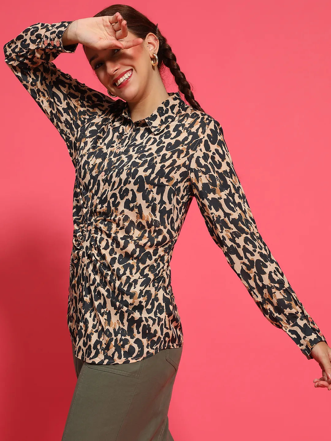 Multicolor Animal Print Long Sleeve Gather Style Shirt Women Shirt