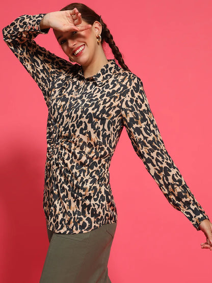 Multicolor Animal Print Long Sleeve Gather Style Shirt Women Shirt