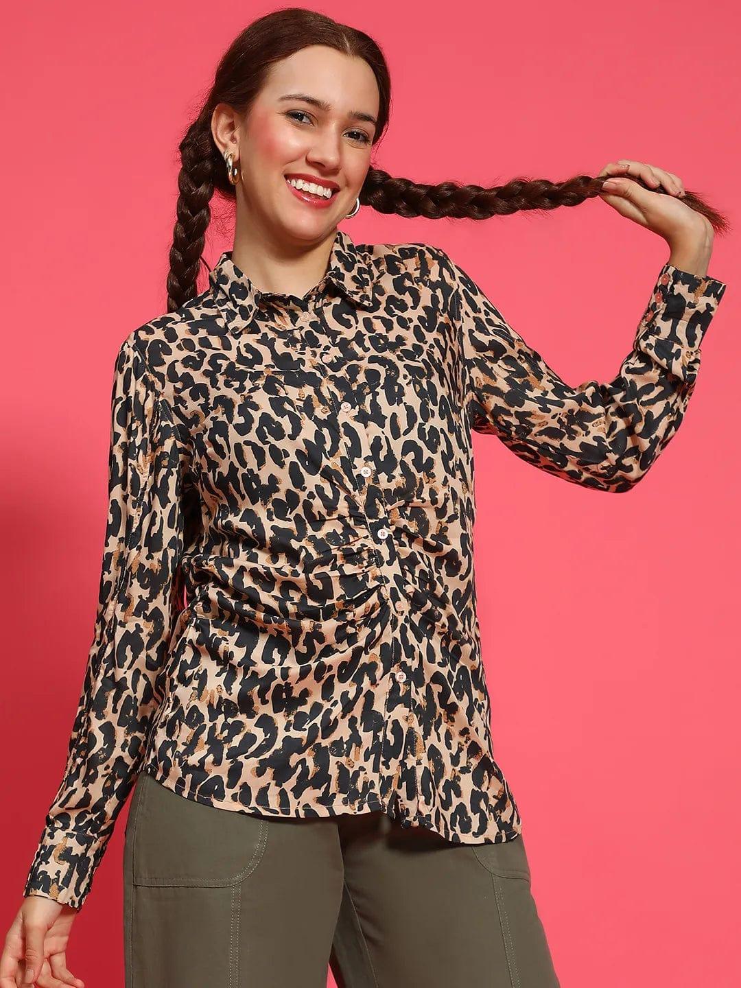 Multicolor Animal Print Long Sleeve Gather Style Shirt Women Shirt