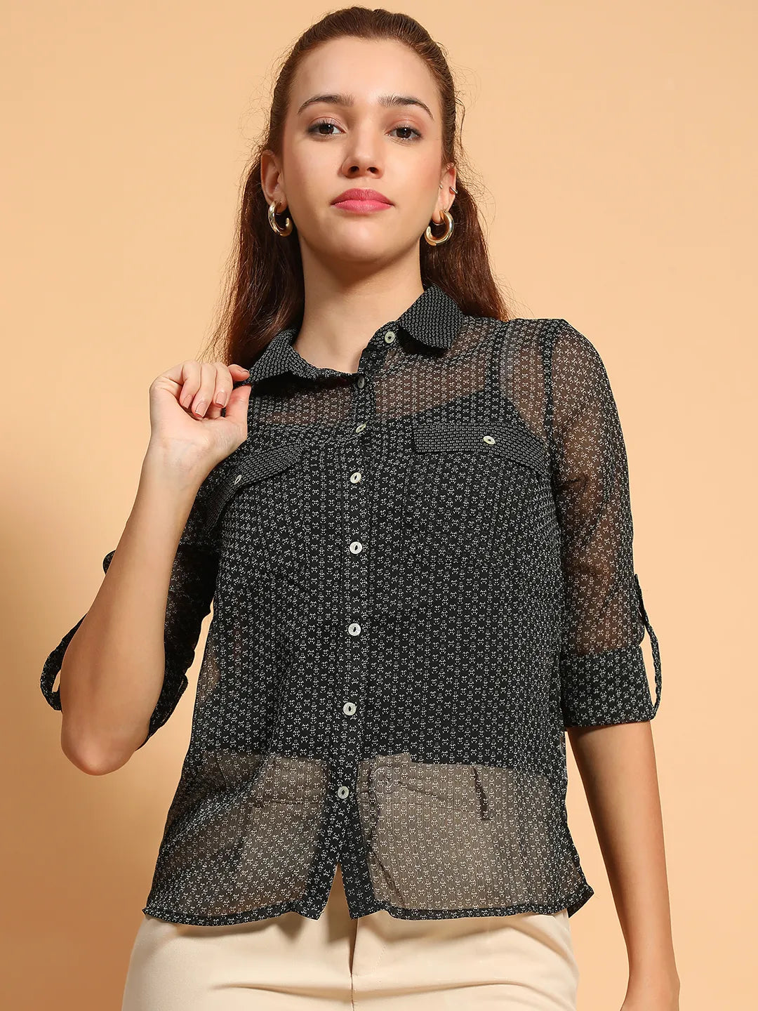 Black Printed Collared Button Down Women Sheer Shirt