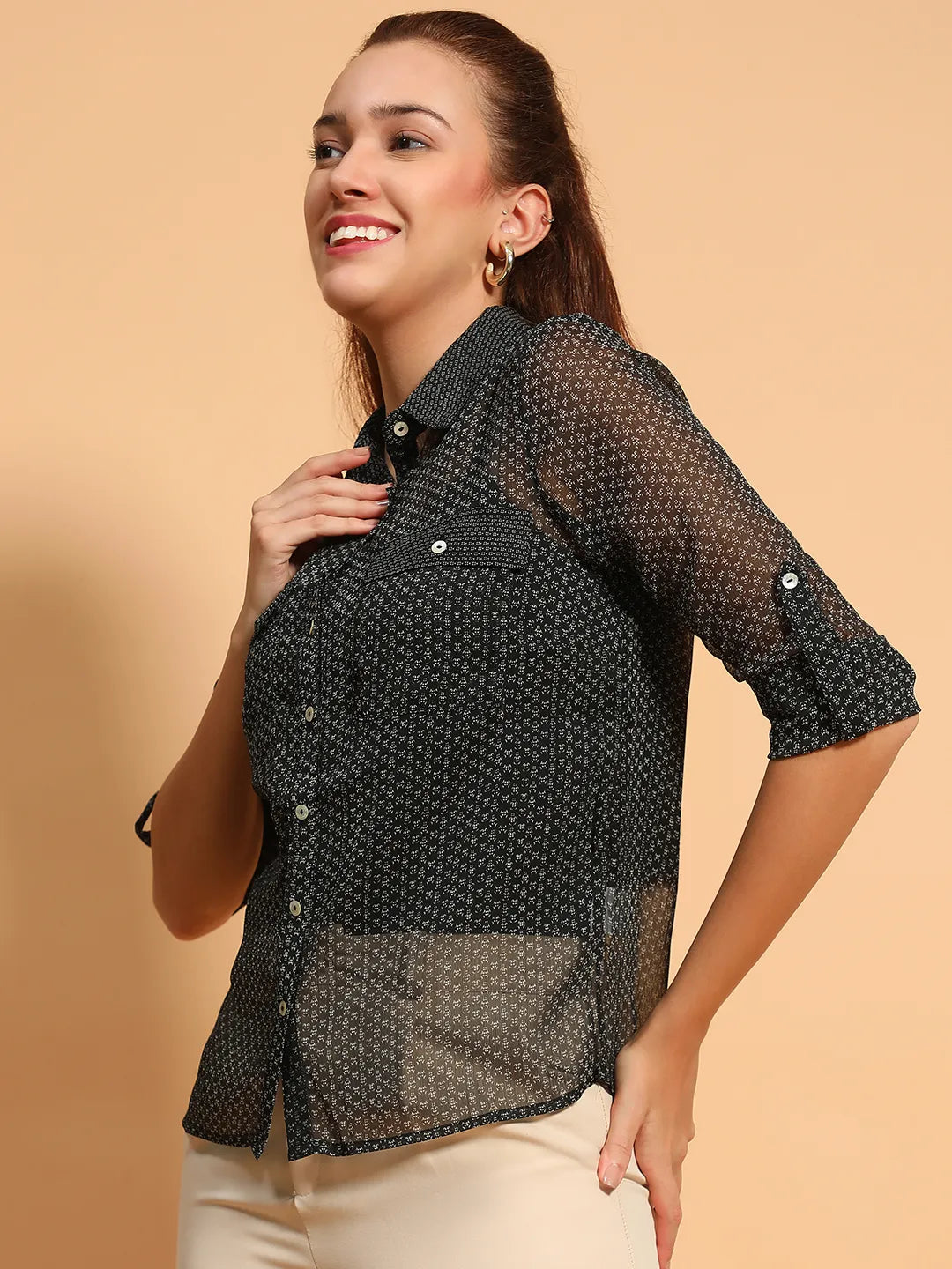 Black Printed Collared Button Down Women Sheer Shirt