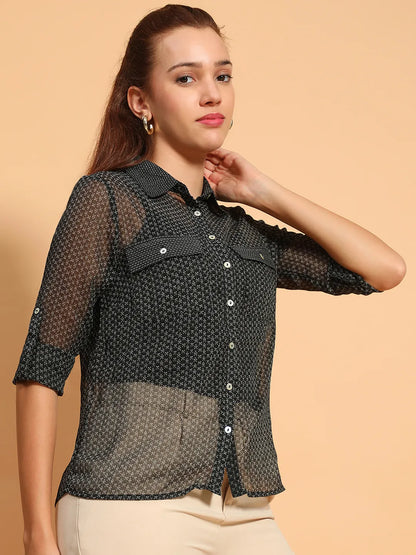 Black Printed Collared Button Down Women Sheer Shirt