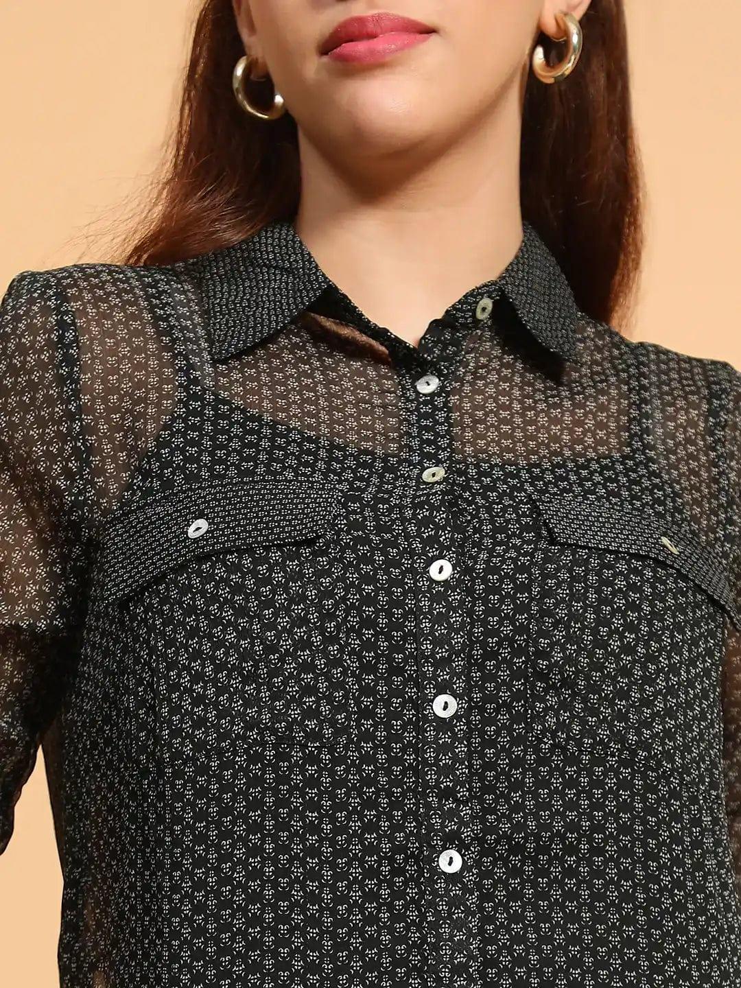 Black Printed Collared Button Down Women Sheer Shirt