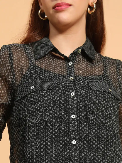 Black Printed Collared Button Down Women Sheer Shirt