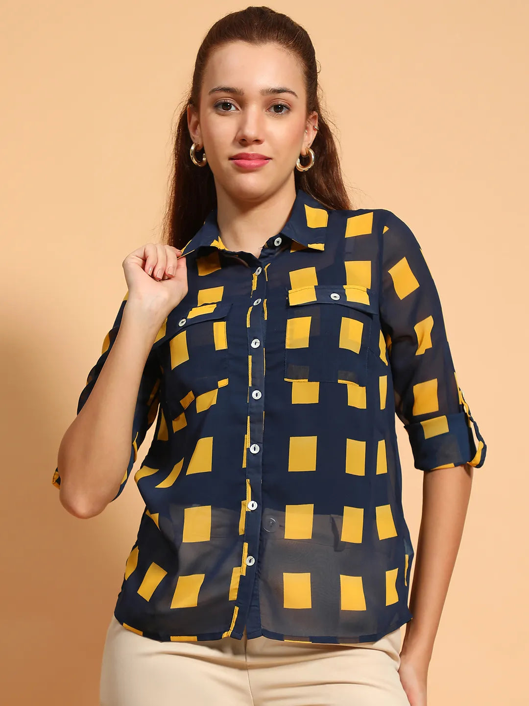 Blue Printed Collared Button Down Women Sheer Shirt