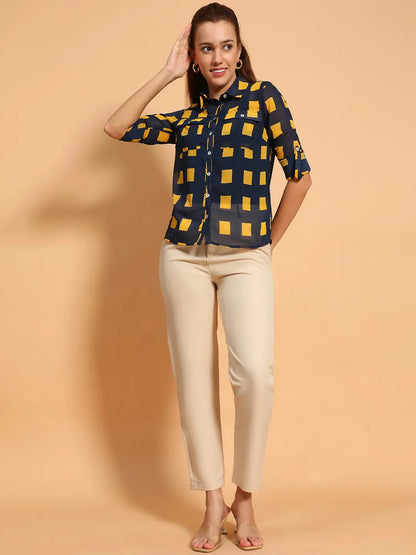 Blue Printed Collared Button Down Women Sheer Shirt