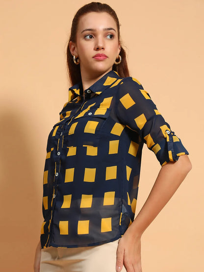 Blue Printed Collared Button Down Women Sheer Shirt