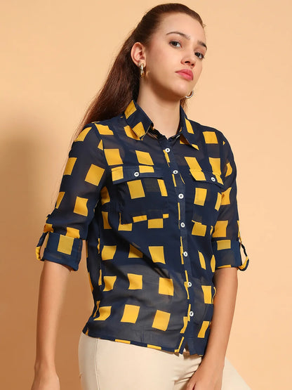 Blue Printed Collared Button Down Women Sheer Shirt