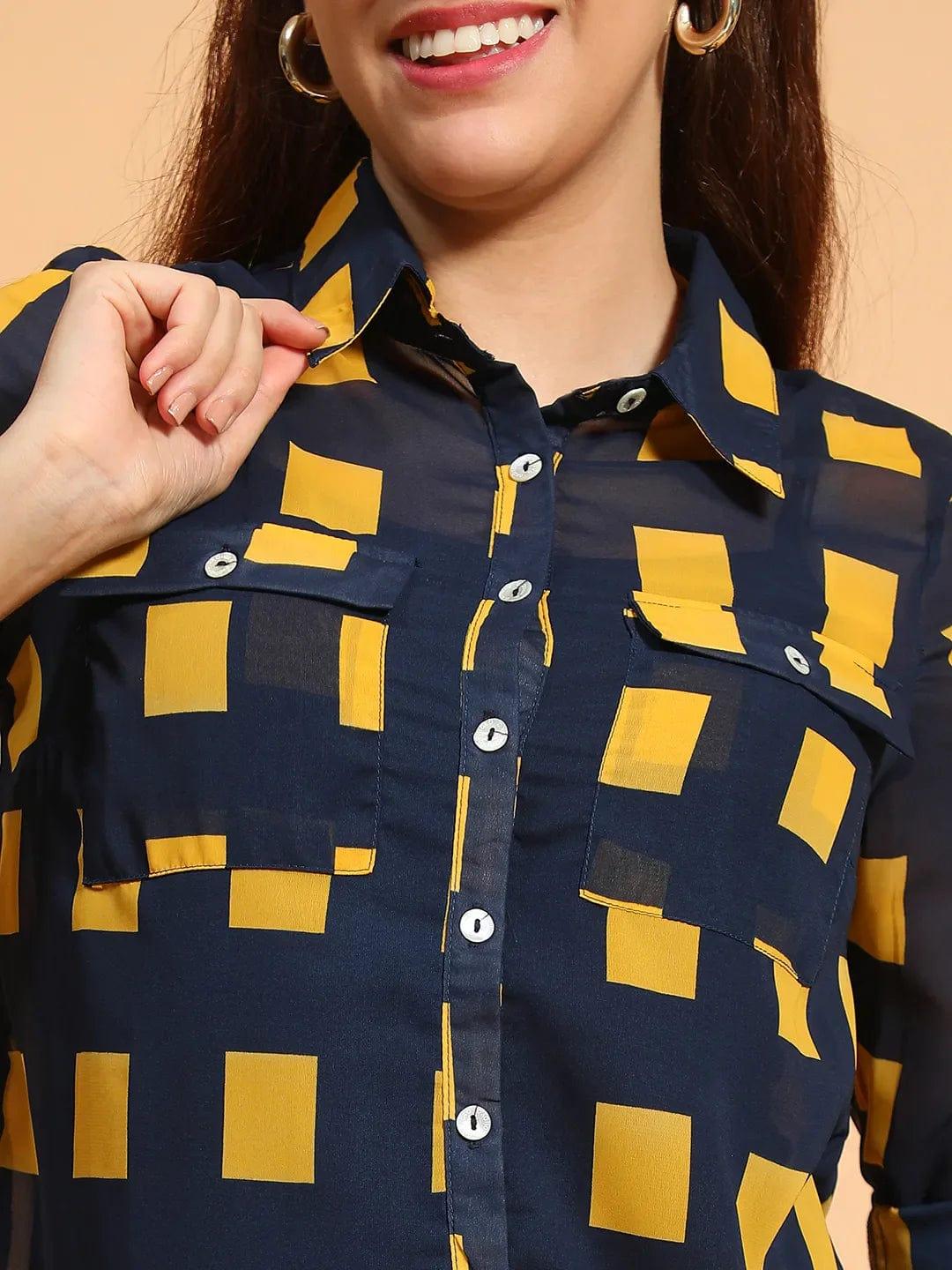 Blue Printed Collared Button Down Women Sheer Shirt