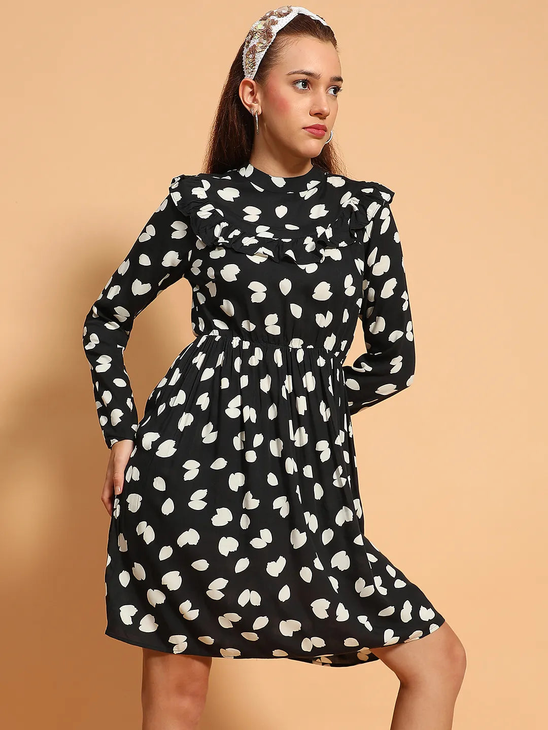 Fantastic Black Animal Print Long Sleeve Ruffle Detail Knee length Women Dress