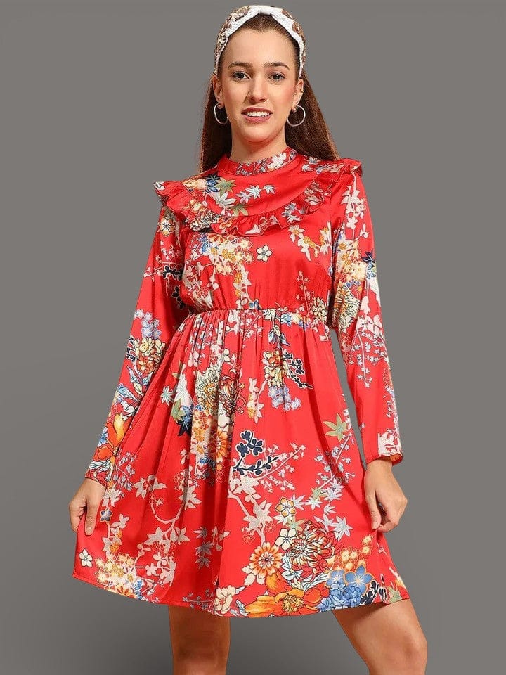 Red Floral Dress - Women's Knee Length Long Sleeve Ruffle Detail Casual Dress