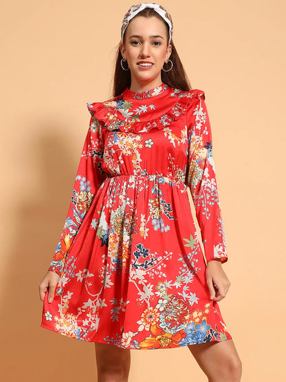 Supreme Red Floral Print Long Sleeve Ruffle Detail Knee length Women Dress