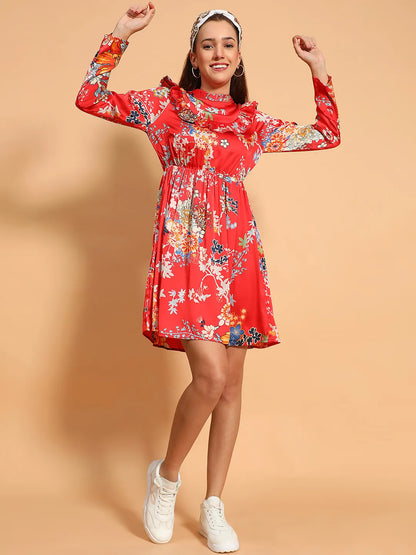 Supreme Red Floral Print Long Sleeve Ruffle Detail Knee length Women Dress