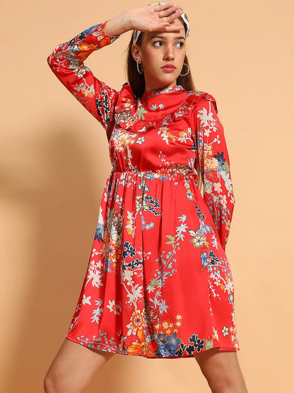 Supreme Red Floral Print Long Sleeve Ruffle Detail Knee length Women Dress