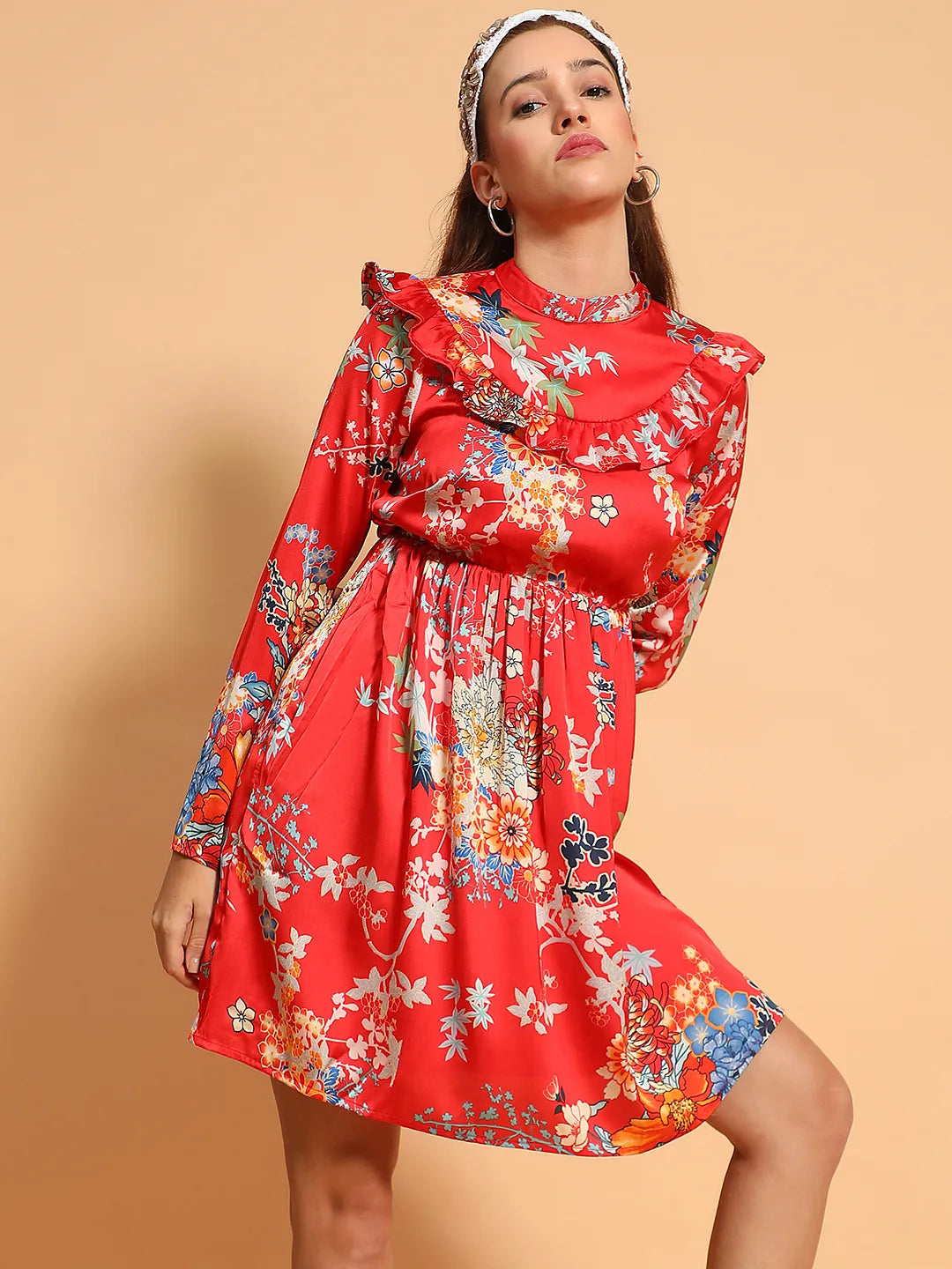 Supreme Red Floral Print Long Sleeve Ruffle Detail Knee length Women Dress