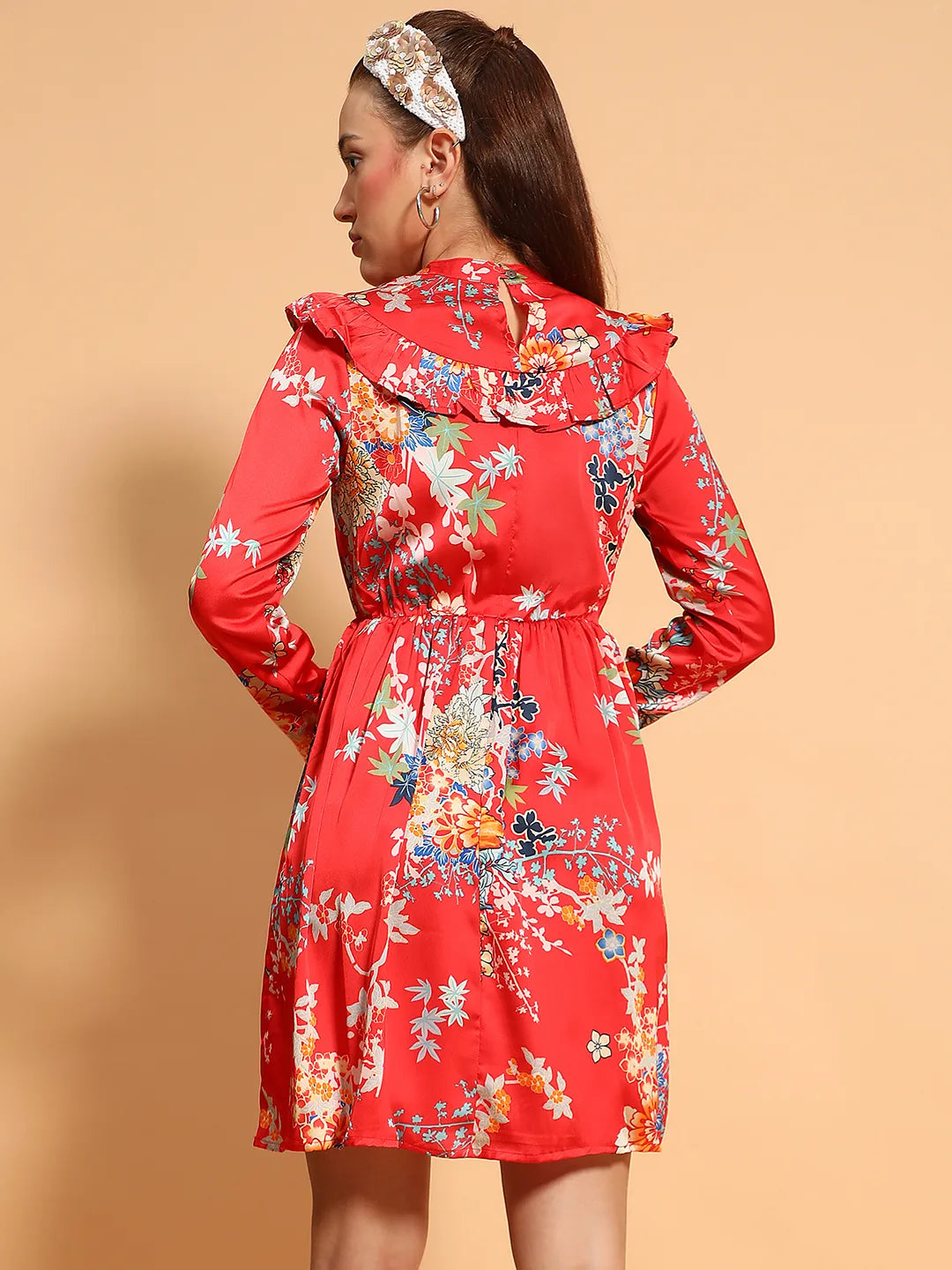 Supreme Red Floral Print Long Sleeve Ruffle Detail Knee length Women Dress