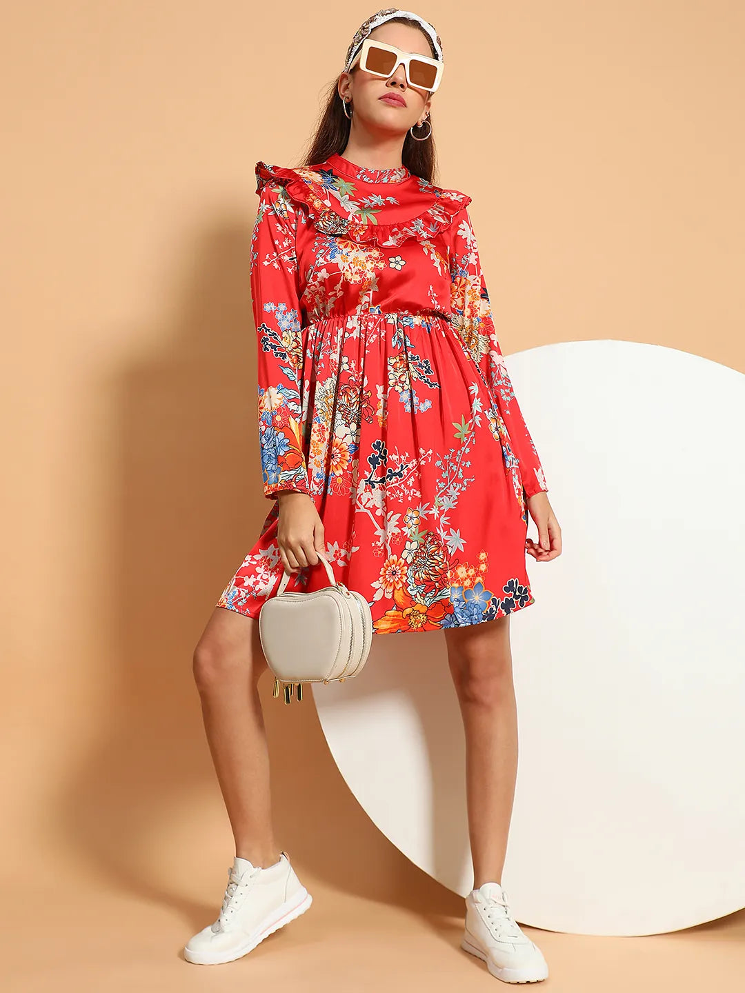 Supreme Red Floral Print Long Sleeve Ruffle Detail Knee length Women Dress