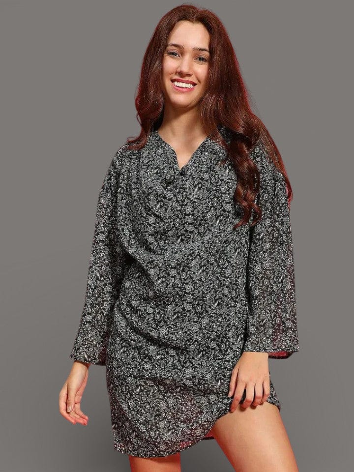 Black Floral Dress - Long Sleeve Cowl Neck Women's Casual Printed Polyester Lining