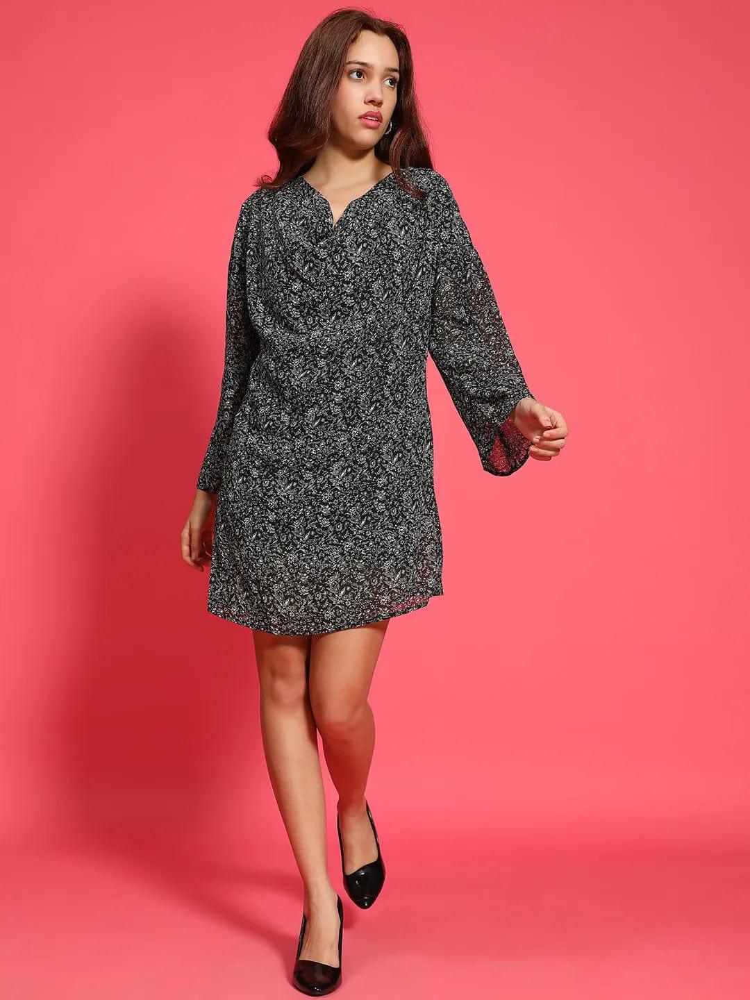 Astonishing Black Floral Print Long Sleeve Cowl Neck Women Dress