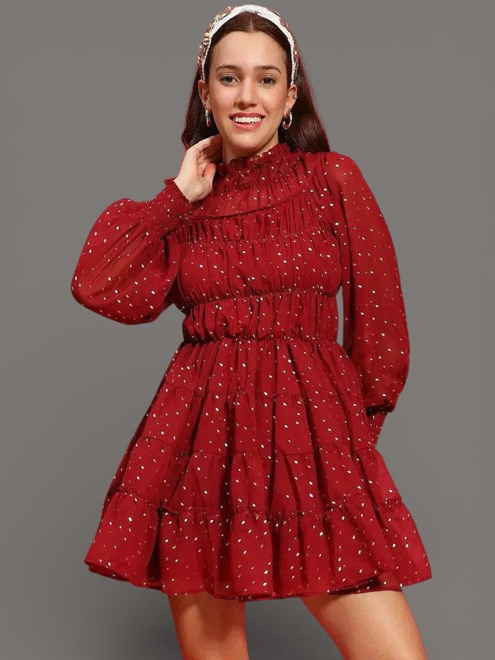 Maroon Foil Dress - Women Party Dress With Long Sleeve & Ruffle Detail