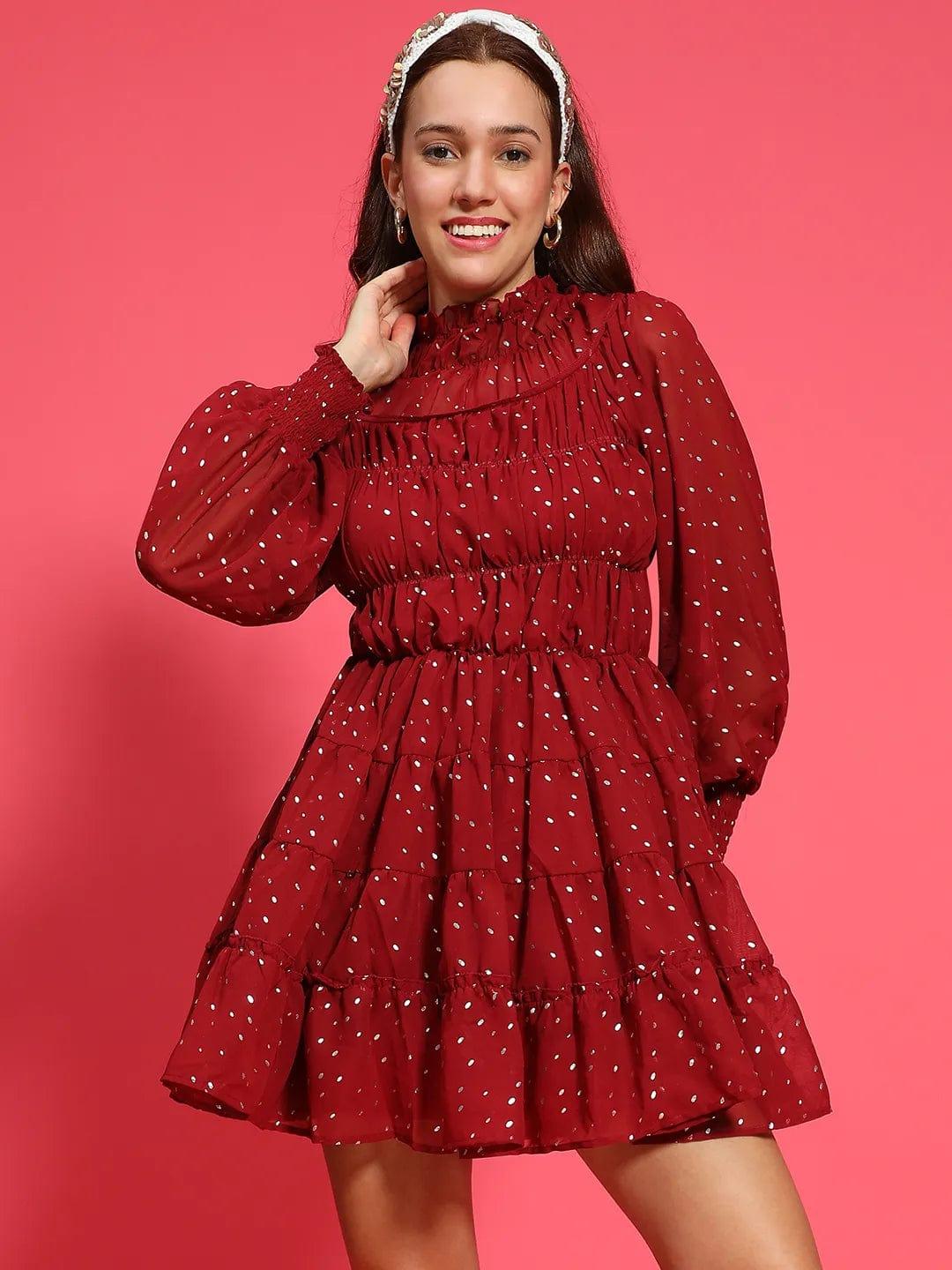 Epic Maroon Foil Print Long Sleeve Ruffle Detail Women Dress