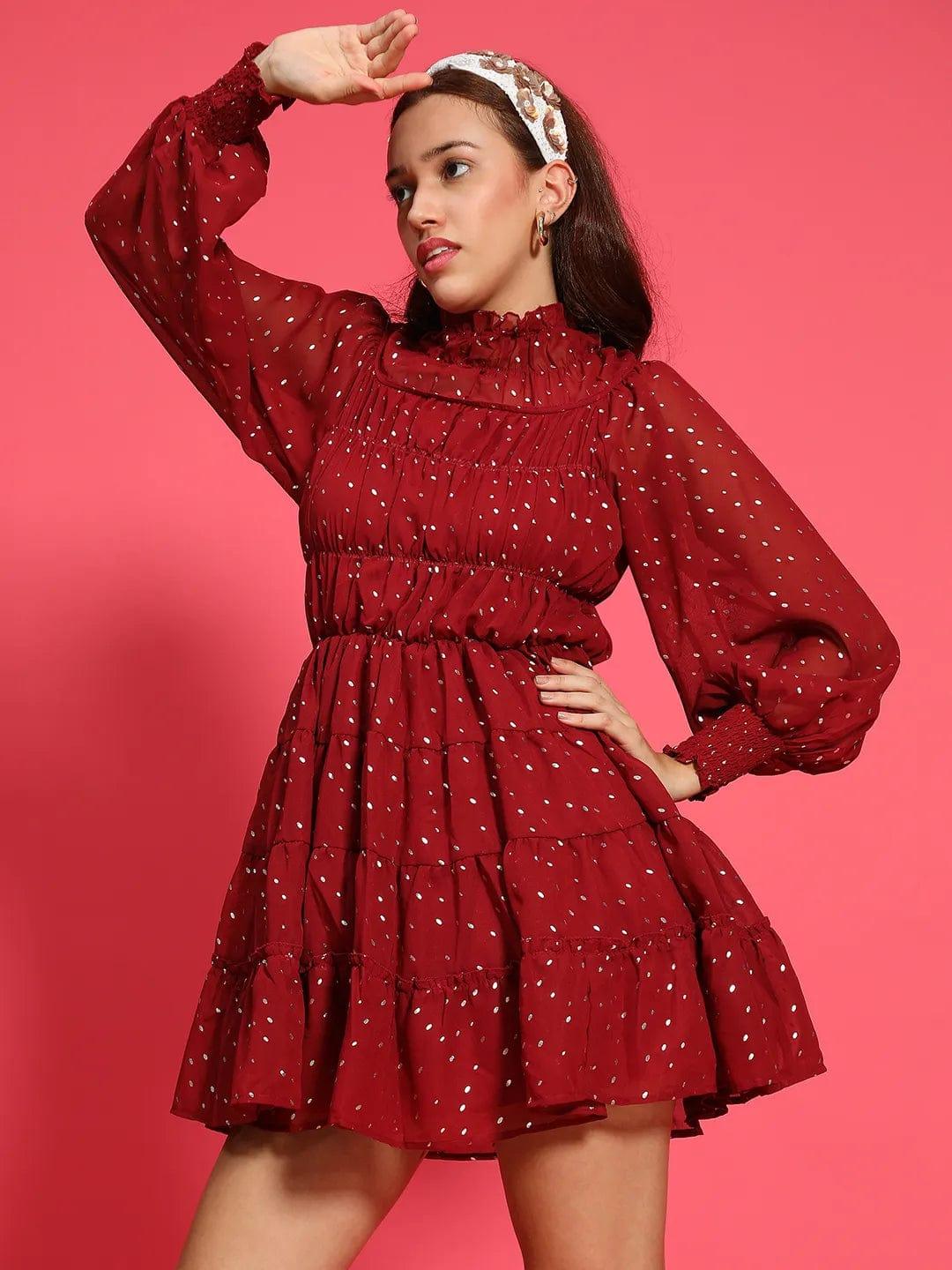 Epic Maroon Foil Print Long Sleeve Ruffle Detail Women Dress