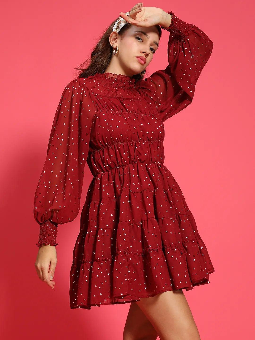 Epic Maroon Foil Print Long Sleeve Ruffle Detail Women Dress