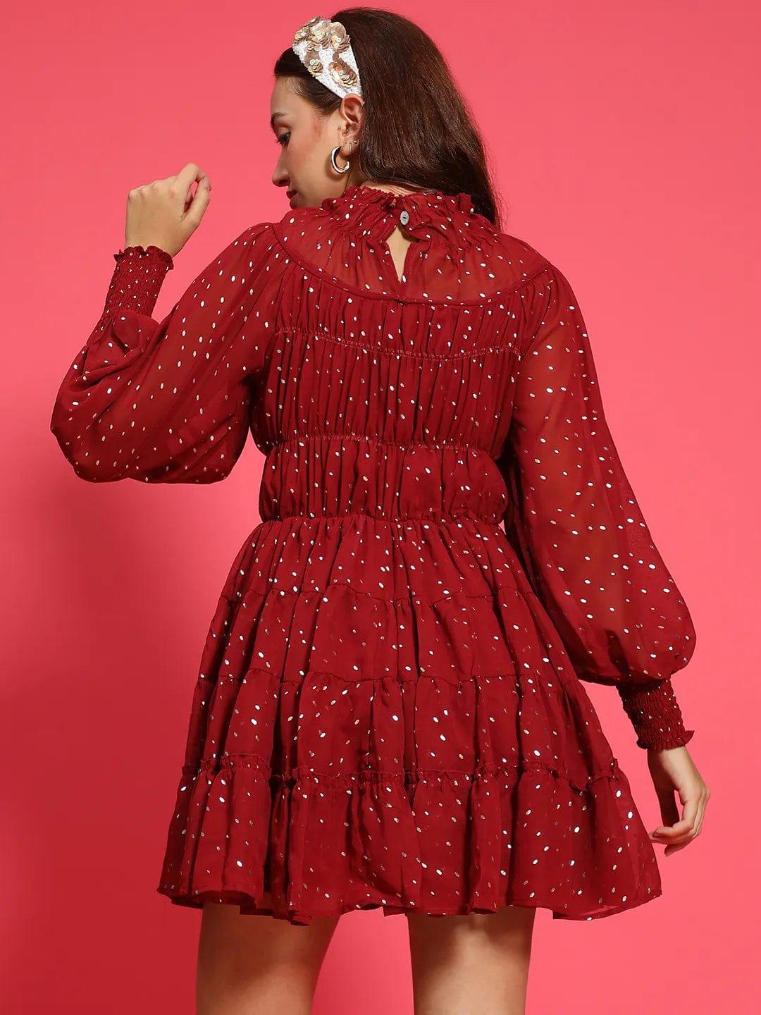 Epic Maroon Foil Print Long Sleeve Ruffle Detail Women Dress