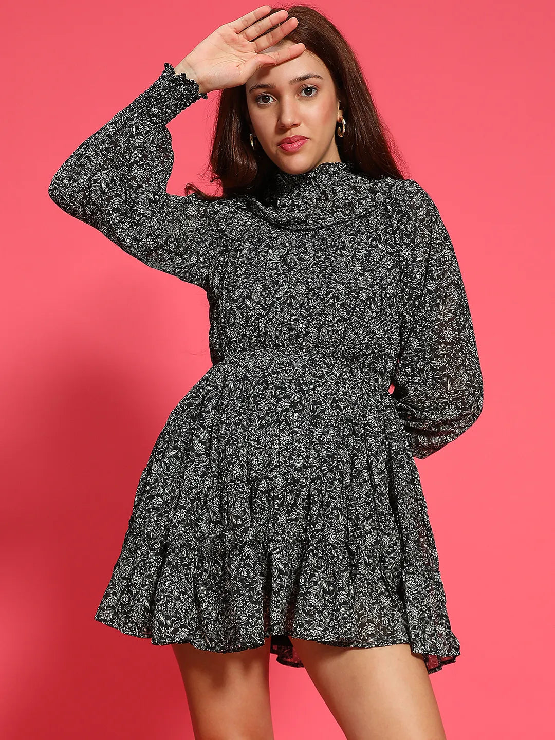 Impressive Black Floral Print Long Sleeve Ruffle Detail Women Dress