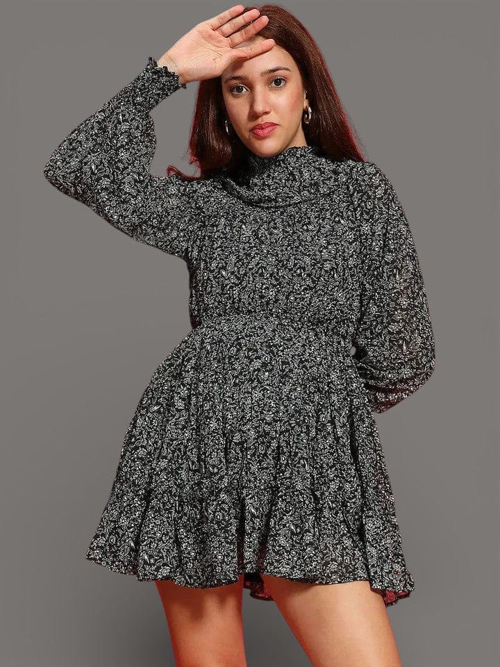 Black Floral Dress - Long Sleeve Ruffle Detail Women's Party Dress With Polyester Lining